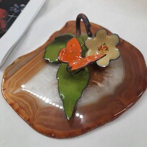 Joseph Spencer enamel art flower copper agate slice signed sculpture